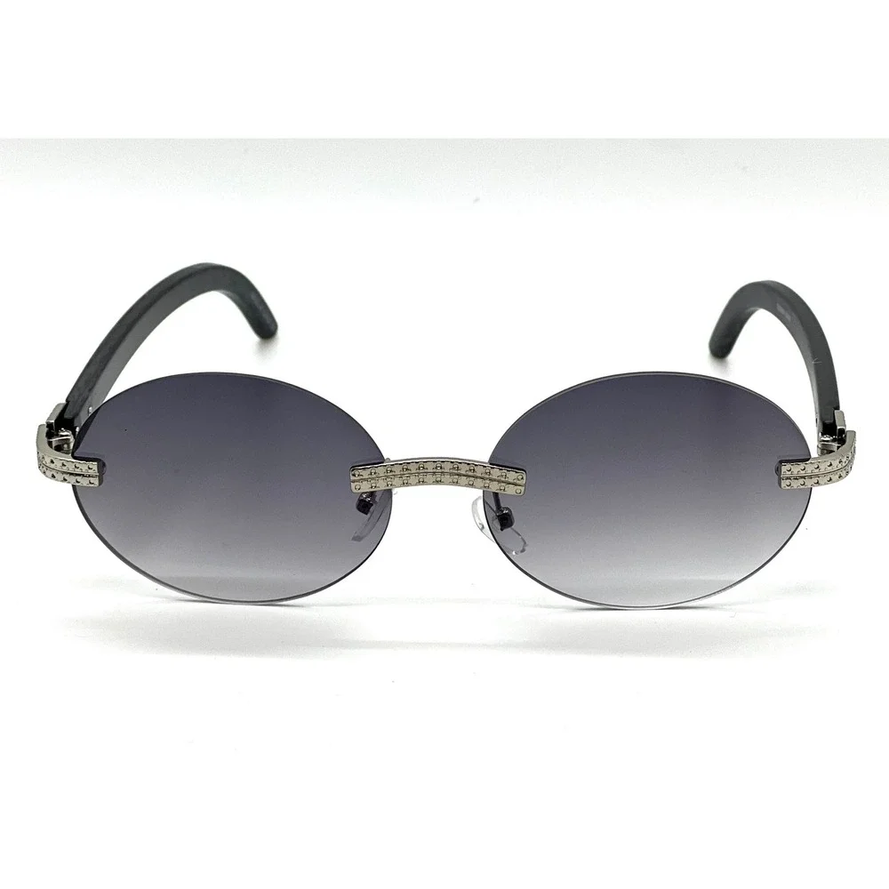 Mens Rimless Round Sunglasses Grey Gradient Lens Silver‎ Crystal Bling Black New